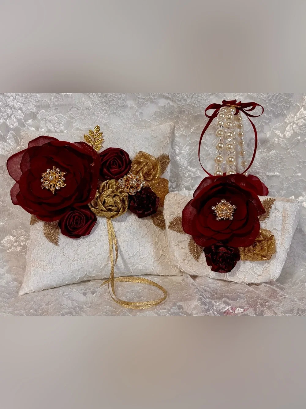 🌟 Burgundy Gold and White Ring Pillow and Flower Basket Set